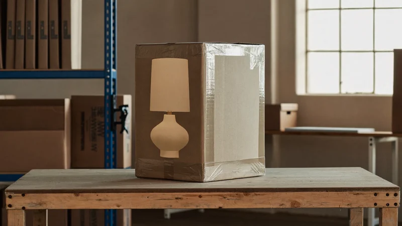 Neutraler Versandkarton mit Packpapier und eingewickeltem Lampenfuß auf einem Packtisch